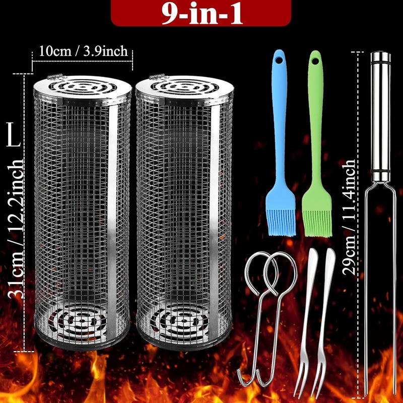 AUCMA Rolling Grilling Baskets for Outdoor Grill Bbq Net Tube Stainless Steel Large Round Mesh Barbecue Accessories Wire Cylinder Cage Picnic Cooking Camping Basket for Veggies Vegetable Fish Meat - Image 2